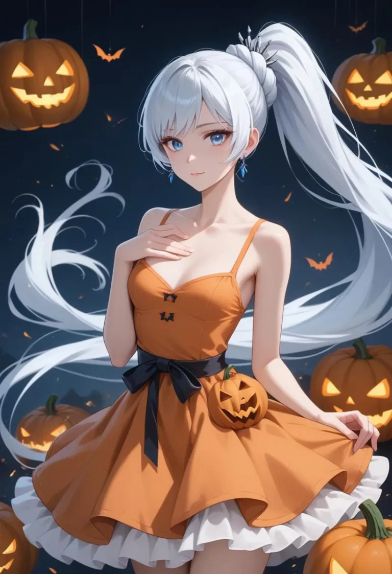 Weiss Schnee with white hair and a pumpkin-themed dress stands amidst a Halloween pumpkin and ghost background.