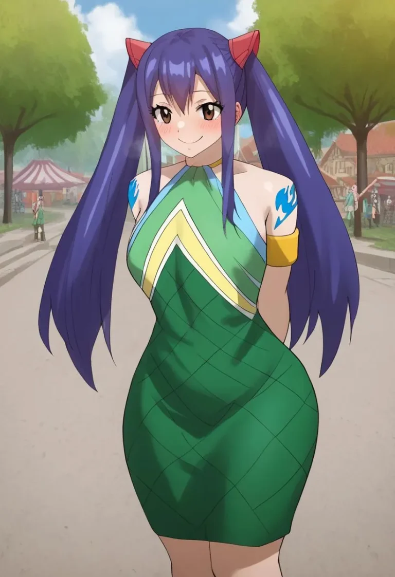 Anime-style illustration of Wendy Marvell with blue hair in a fantasy town.