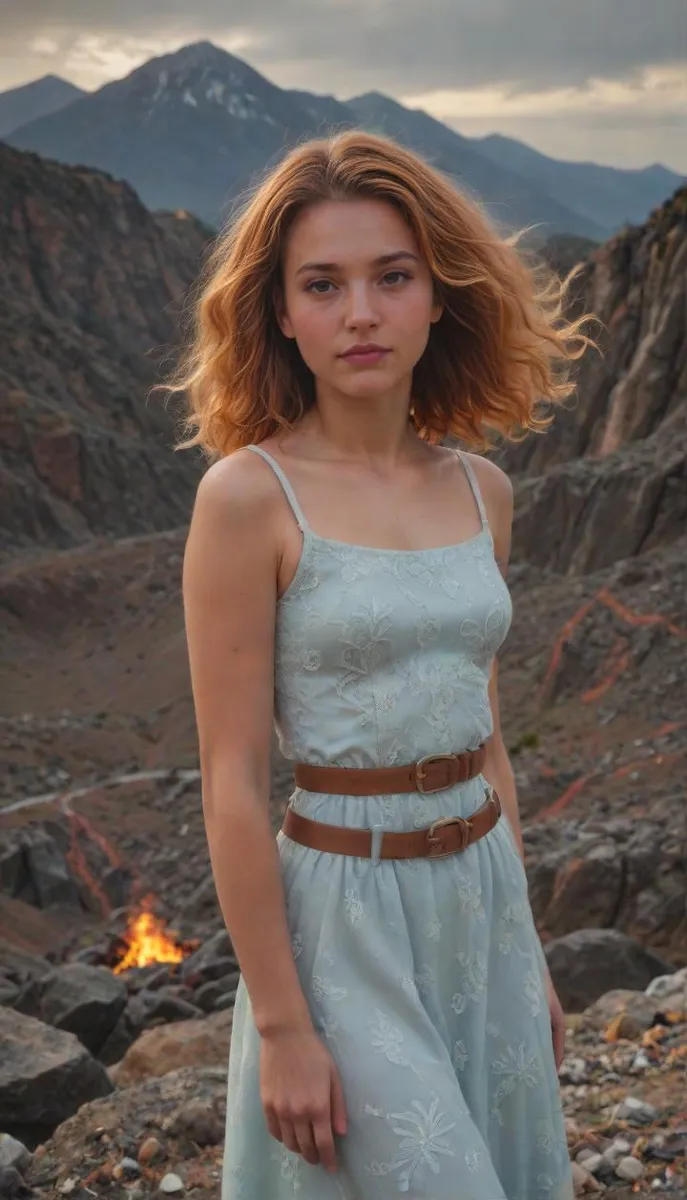 A girl in an ice dress with flaming hair stands in front of a volcano.