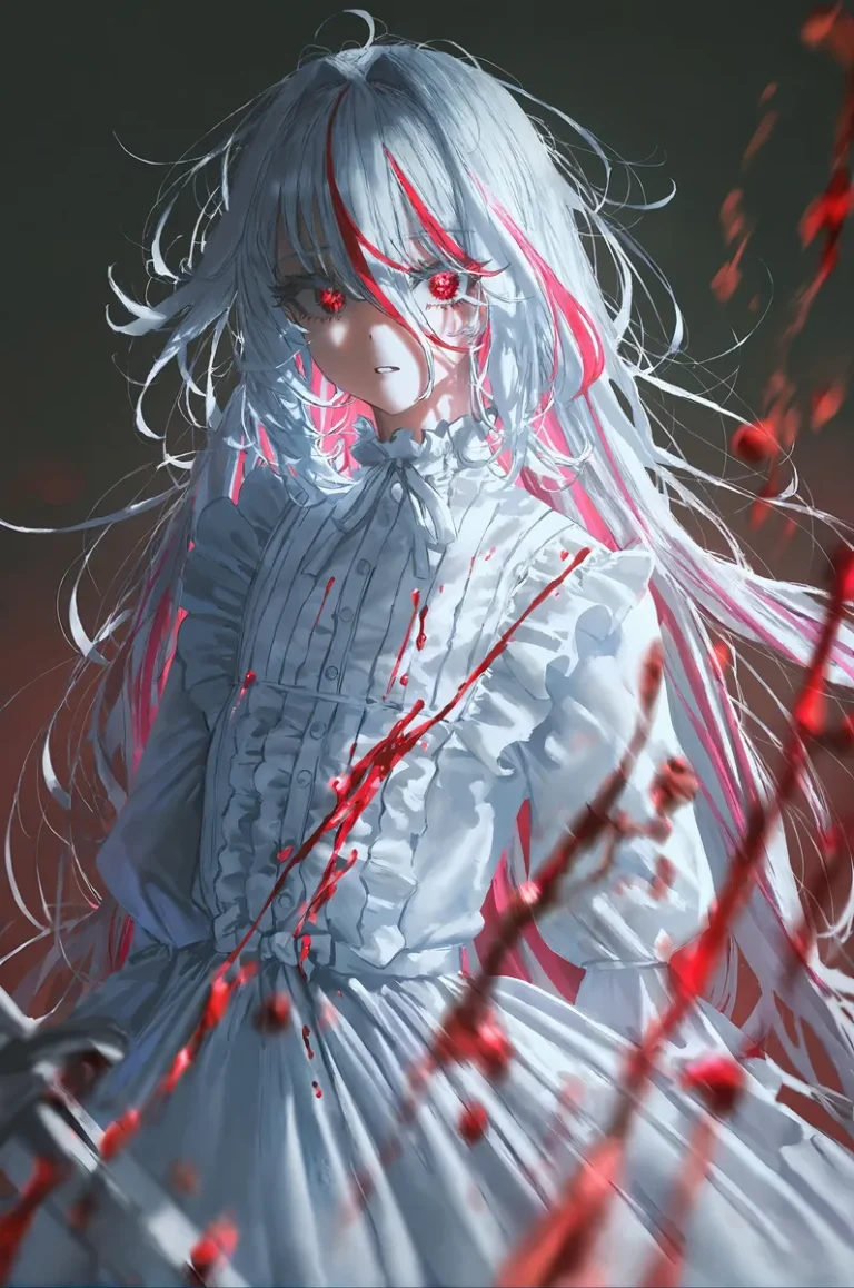 White-haired girl with red eyes holds a sword amid blood splashes.