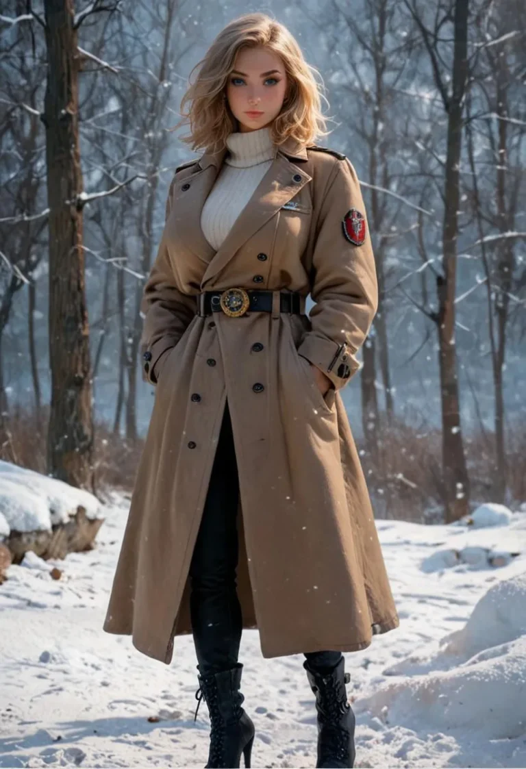 A girl officer in a long coat stands beside a snowy winter landscape, wearing a ushanka and army equipment.