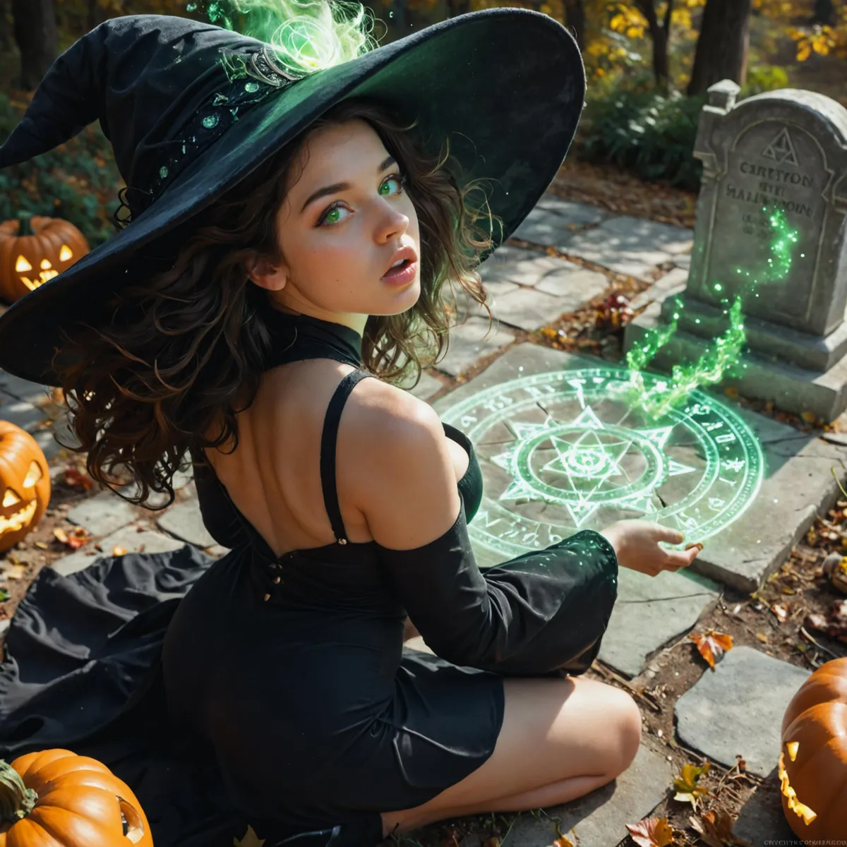 Witch girl with green eyes casting spell in a graveyard with glowing magic circle and pumpkins.