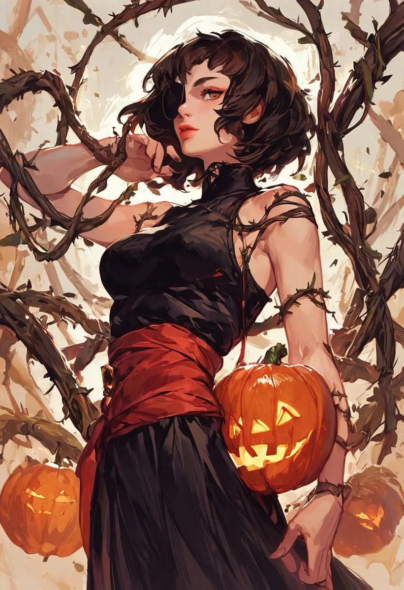 A witch girl in a black dress with a red sash, holding a glowing jack-o-lantern, standing in a pumpkin patch with twisted vines.