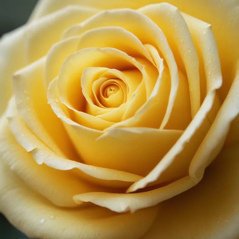 Macro shot of a yellow rose with inward curling petals and a blurred pastel background.