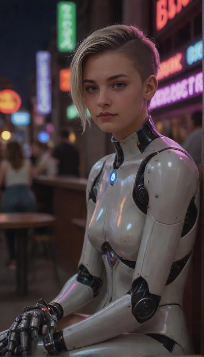 Mechanical android girl with short punk hair and glowing LED lights sitting outside a pub with neon and dynamic lighting.