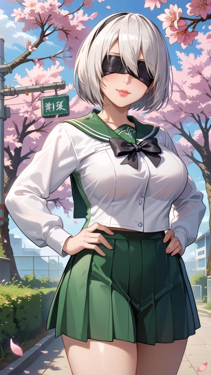 Anime girl with white hair and blindfold in a green school uniform stands outdoors with cherry blossoms and falling petals.