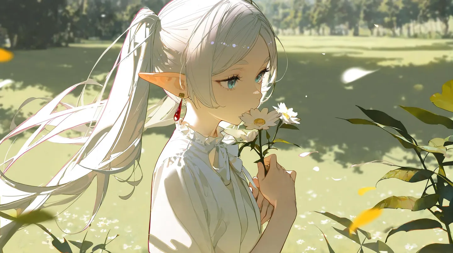 Anime-style elf girl with white hair and twintails, holding a flower outdoors with a blurred background.