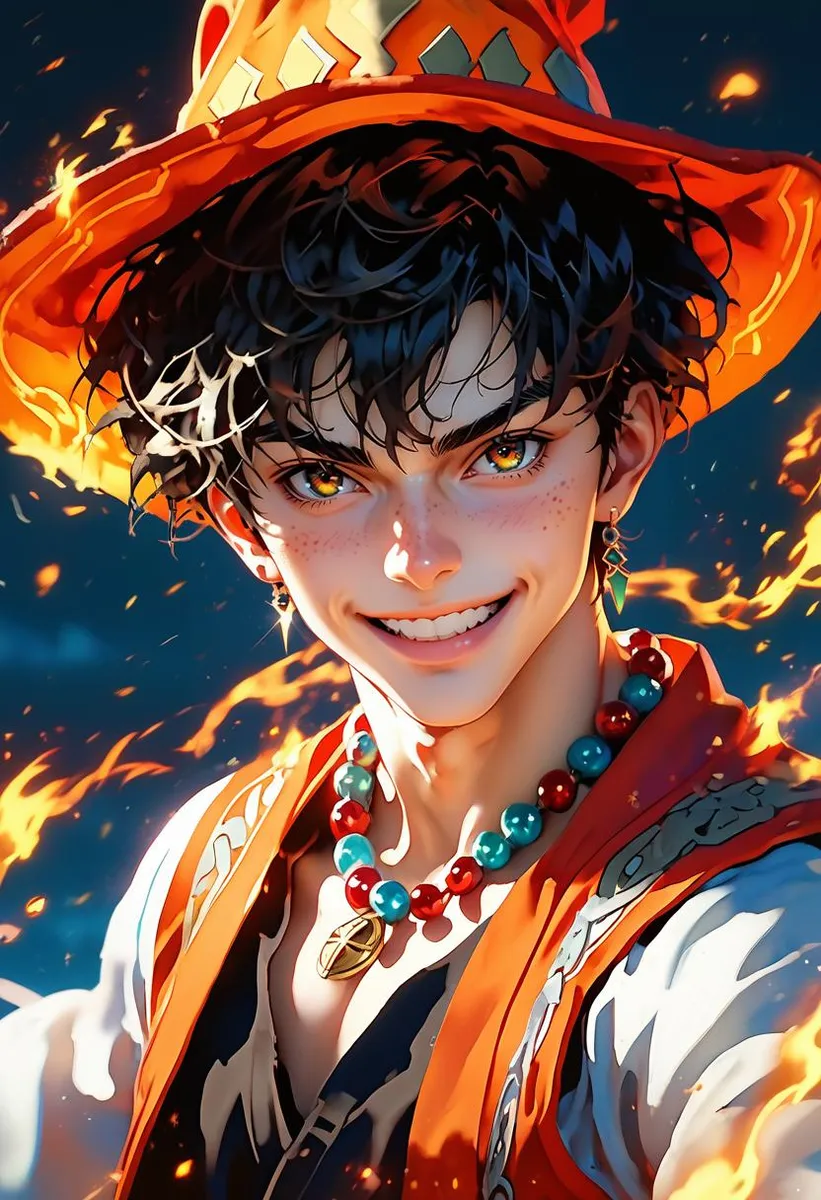 Smiling anime character with an orange hat, surrounded by flames.