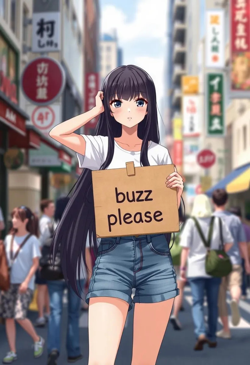 Anime girl with long black hair holding a sign reading 'buzz please', amidst a busy city street.