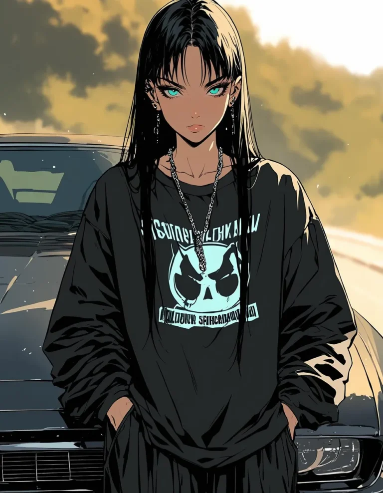 Anime girl with long black hair and aqua eyes, wearing a black t-shirt and pants, standing under a bridge next to a modern black car.