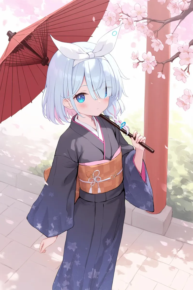 Anime girl with blue hair in a black kimono holding a red umbrella amidst cherry blossoms.