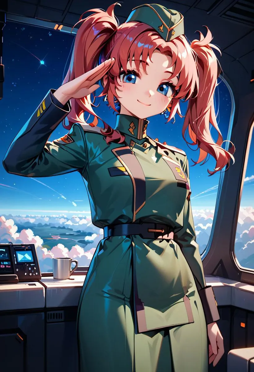 赤い髪と青い目のアニメ少女が緑の軍服を着て宇宙船内で敬礼している。