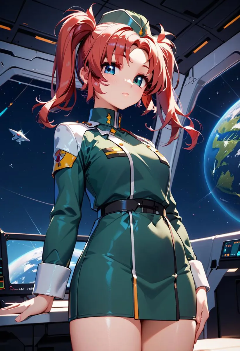 Anime girl with red hair in a green military uniform inside a spacecraft.