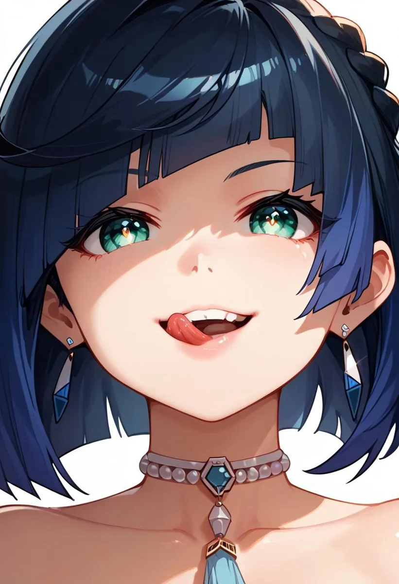 Anime girl with shiny hair and ultra detailed eyes performing a tongue licking action, featuring a cute face and open mouth against a simple background.