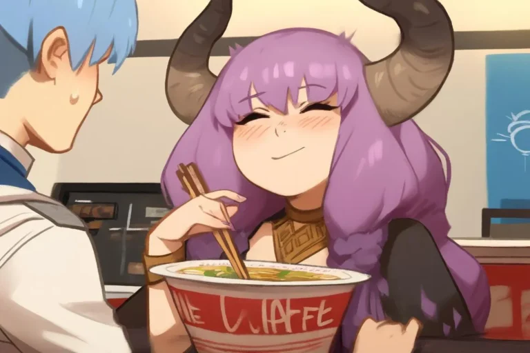 Anime characters with purple hair and horns enjoying ramen in a cafe.