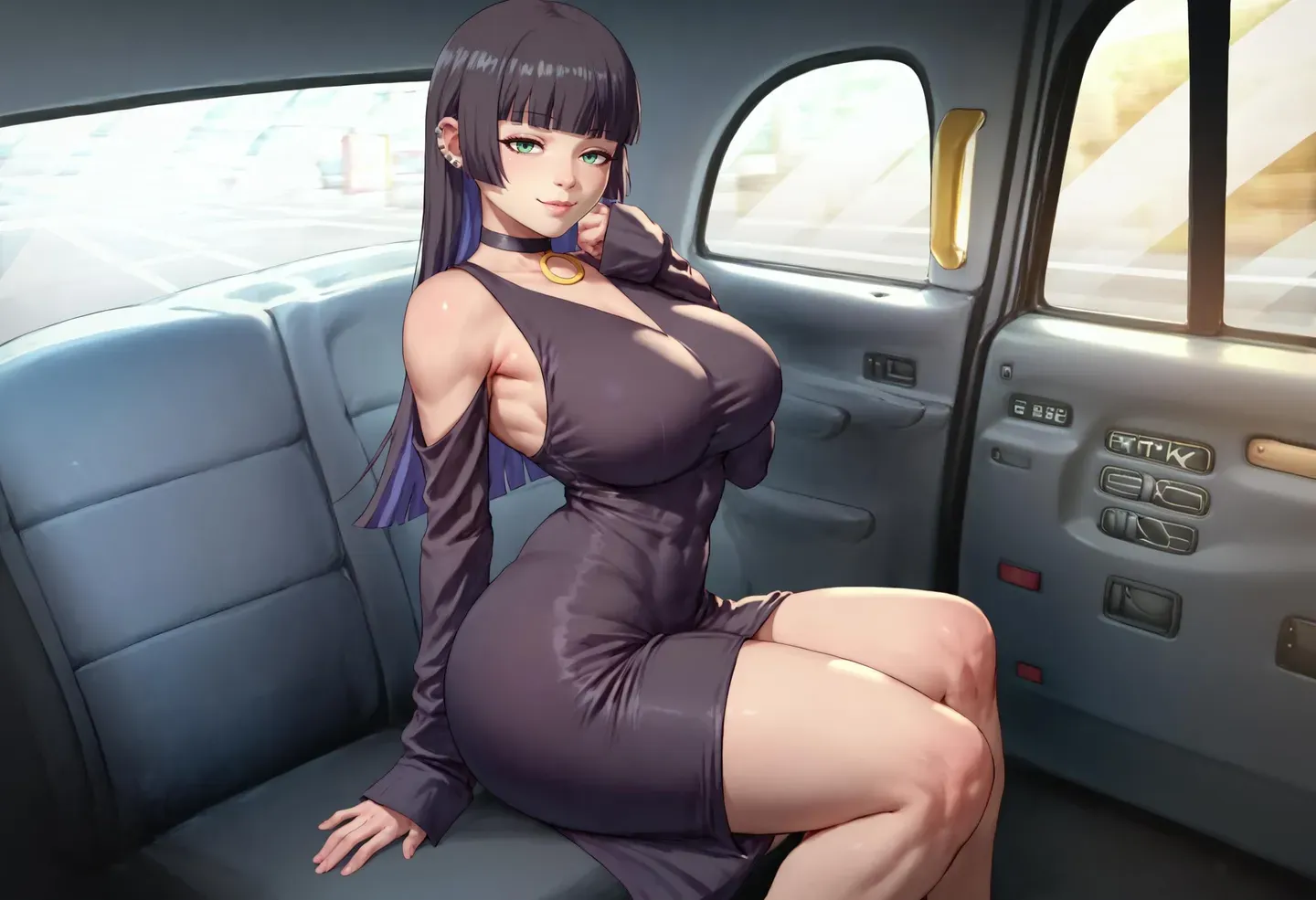 長い黒髪と緑色の目をしたアニメ女性が、肩が開いたタイトな黒いドレスを着て車の後部座席に座っている。Stable Diffusionを使用して生成されたAI画像。