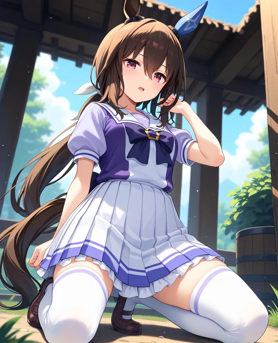 Anime girl with horse ears kneeling, wearing a Tracen school uniform with purple accents.