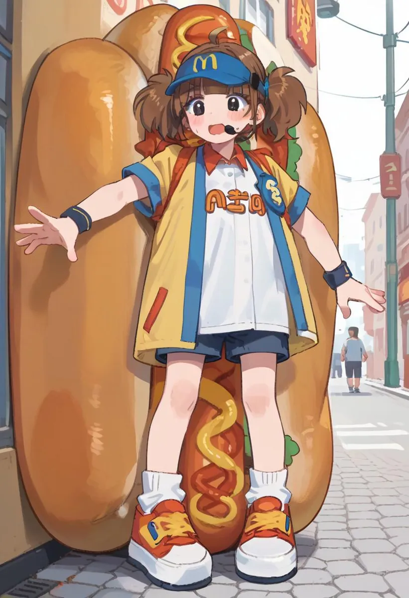 Anime girl in a hot dog costume, city background.