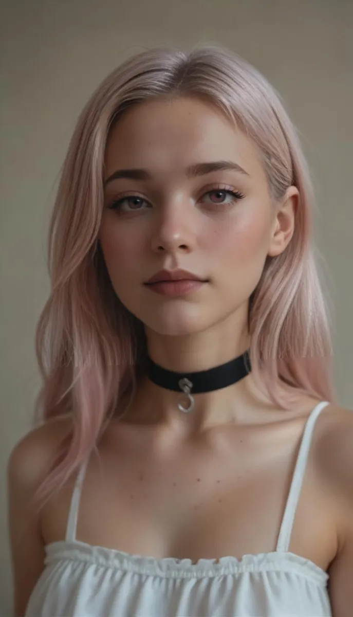 Anime style portrait of an adult woman with pale pink hair, choker, and bare shoulders.