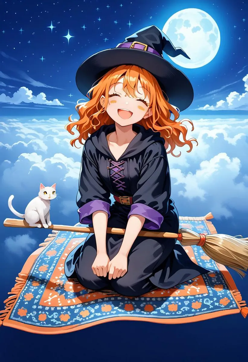 Anime witch with orange hair smiling on a magic carpet under a starry night sky with a large moon.