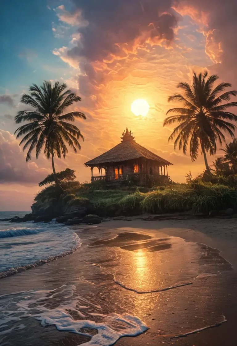 Breathtaking sunrise over a Bali beach with palm trees and a cozy cottage.