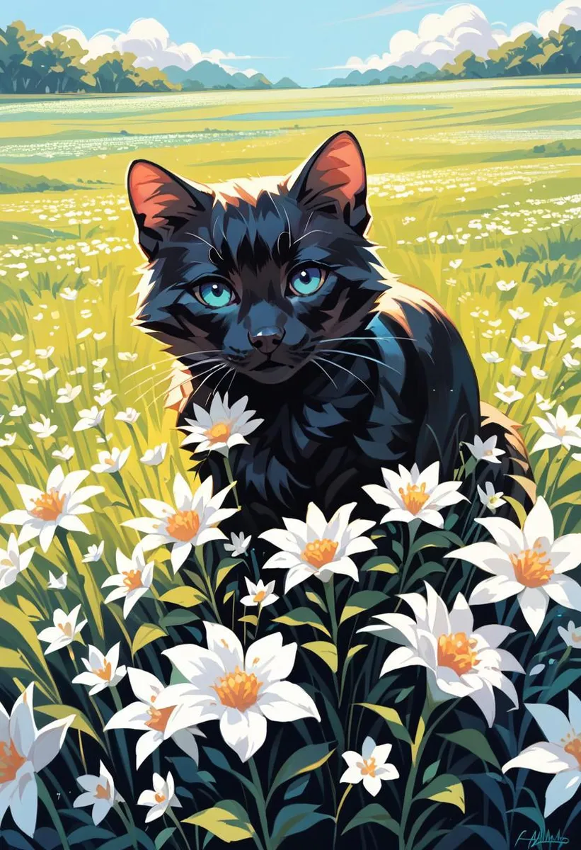 Black cat asleep among white flowers in a dreamy pastel style.