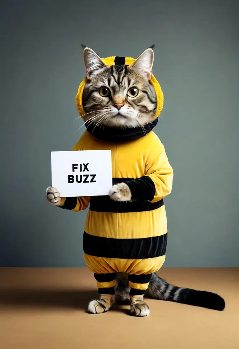 「fix buzz」と書かれた看板を持つ蜂の衣装を着たリアリスティックな猫。