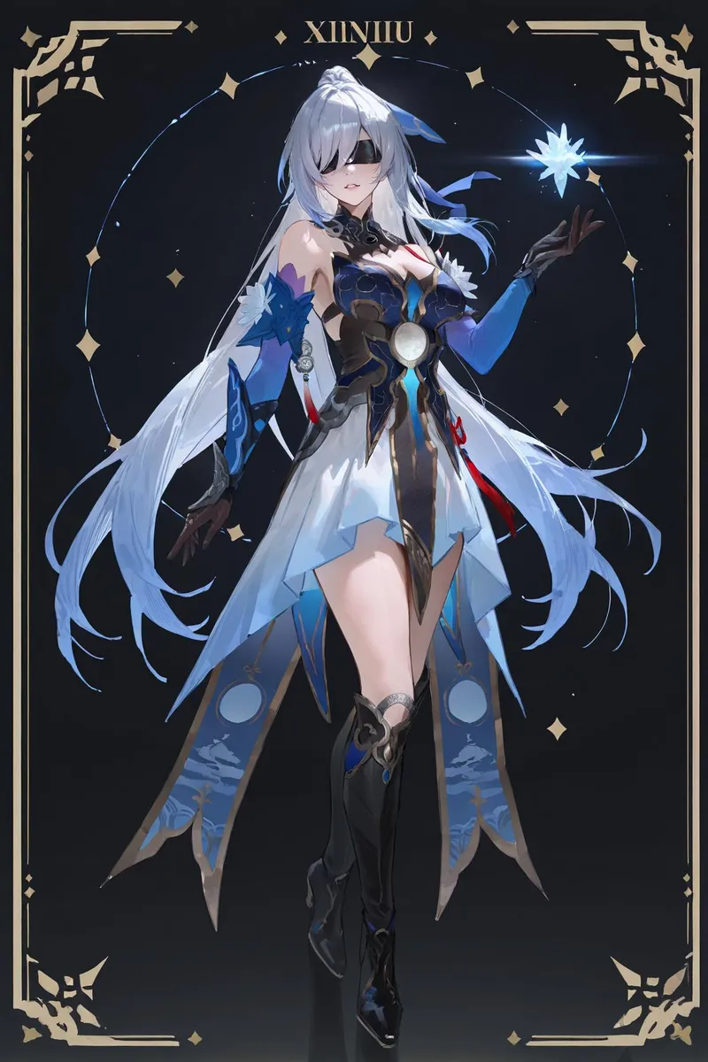 A character card depicting a solo female with long silver hair, wearing a blue and white Chinese dress. She has a blindfold with a crescent marking and carries an eyepatch, boots, and black gloves. The background features an abstract sun, moon, and stars with a card border.