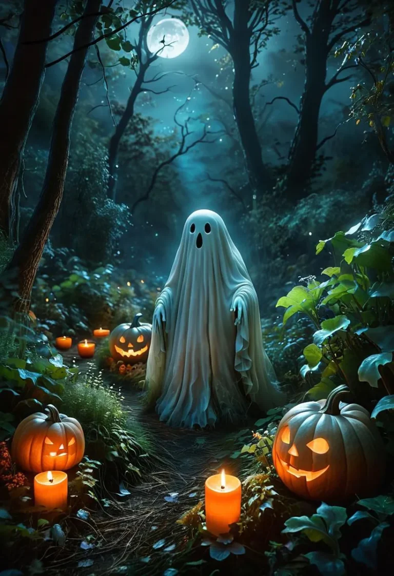 Charming ghost in a magical, dimly lit forest with pumpkins and candles.