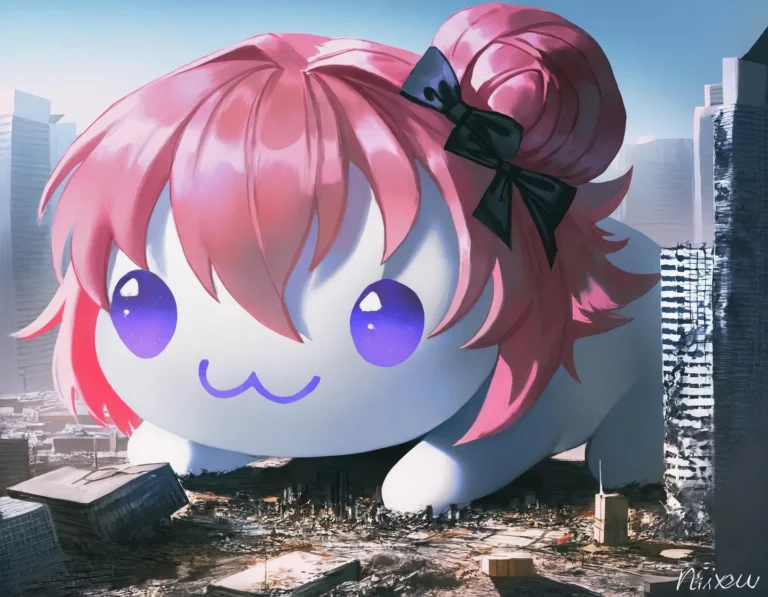 Giant chibi creature with pink hair in city ruins.