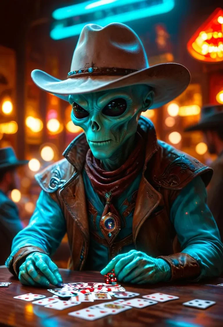 Cowboy and alien playing poker in a neon-lit western saloon, featuring fantasy illustration and vibrant colors.