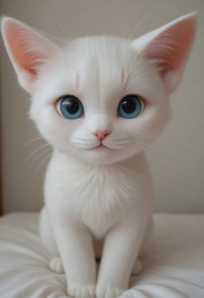 A cute white kitten with big blue eyes looking directly at the viewer while sitting on a soft surface.