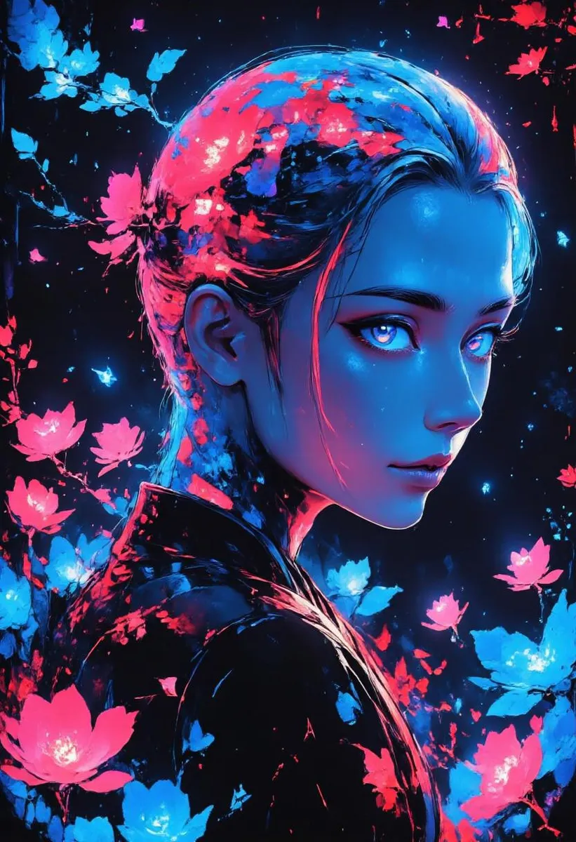 Epic portrait of a cyber geisha with neon kimono featuring luminous bioluminescent plants, and a vivid blend of colors.