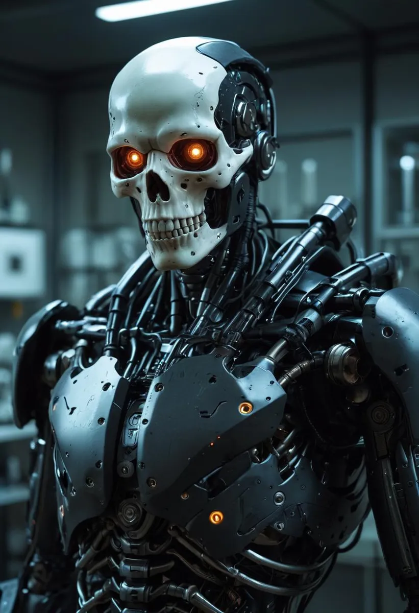 Cyberpunk cyborg robot with a skull face in a laboratory, dark fantasy style, with intricate details and cosmic lighting.