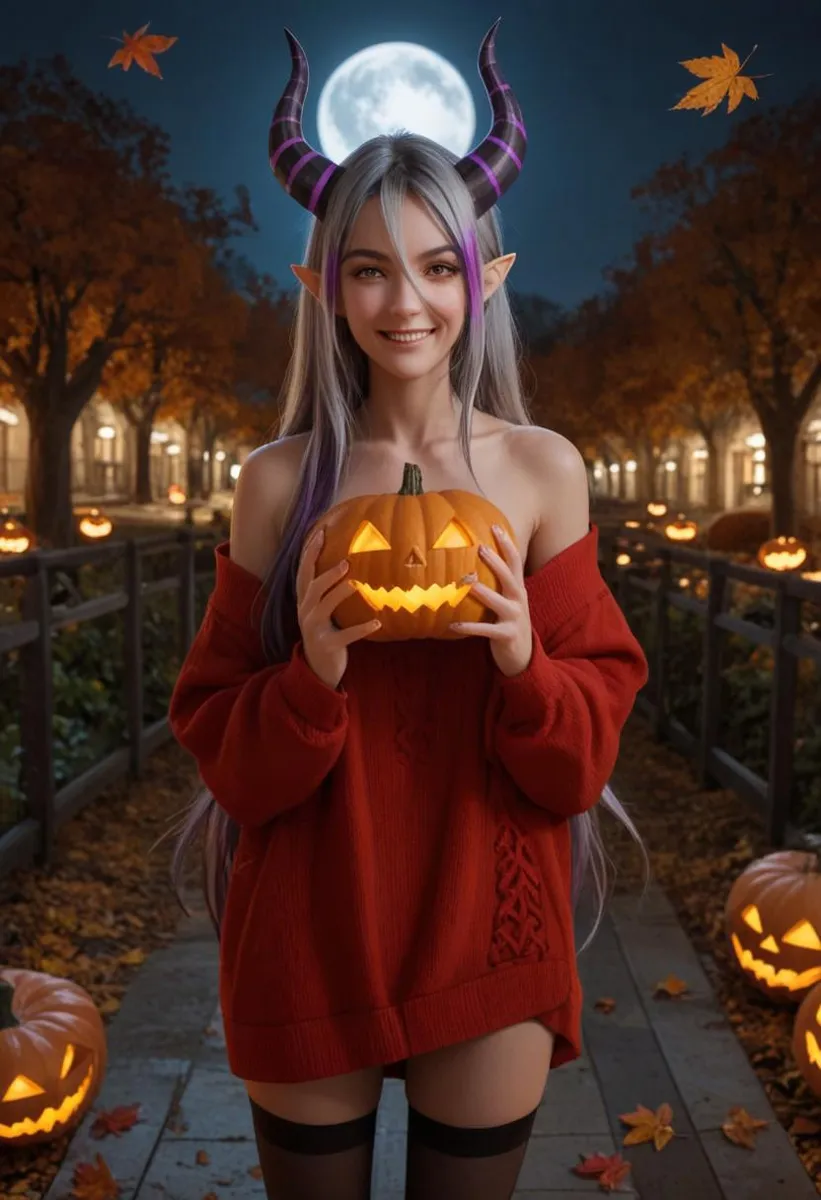 A demon girl with yellow eyes, striped horns, and multicolored long hair stands on a path holding a glowing pumpkin. The scene is set at night with autumn leaves and a full moon in the background.