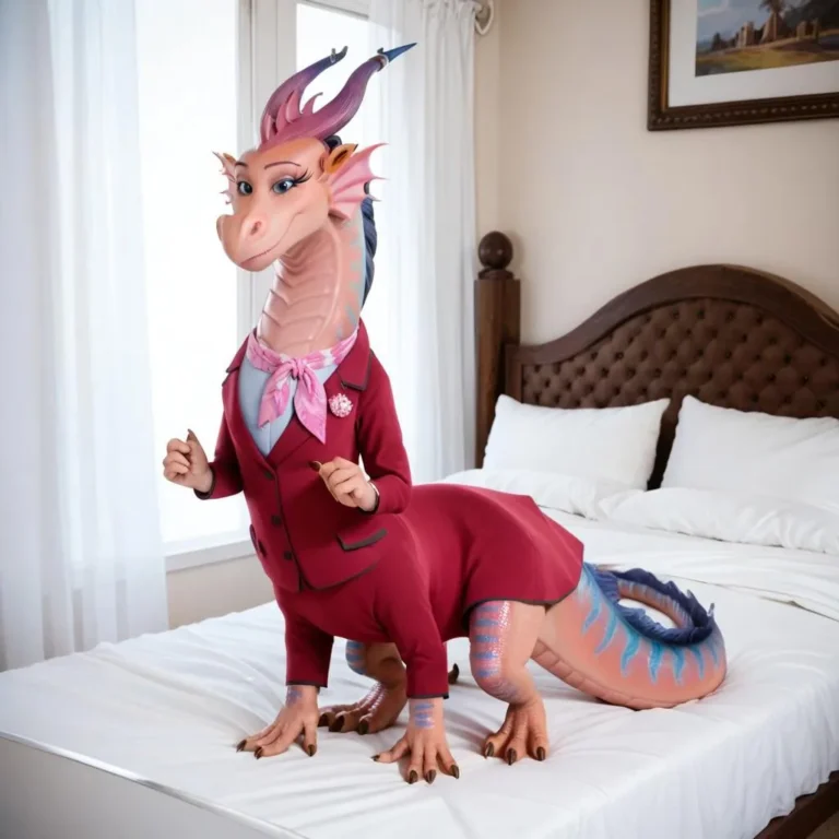 A realistic dragon taur with pink scales in a business suit, standing on a bed.