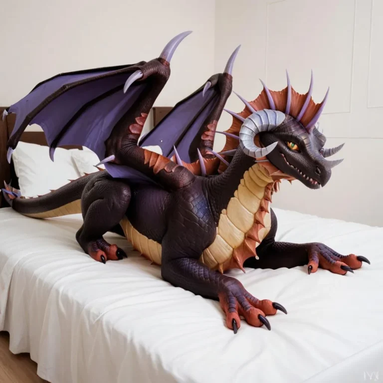 Realistic black dragon with horns, wings, and yellow sclera lying on a bed in a bedroom setting.