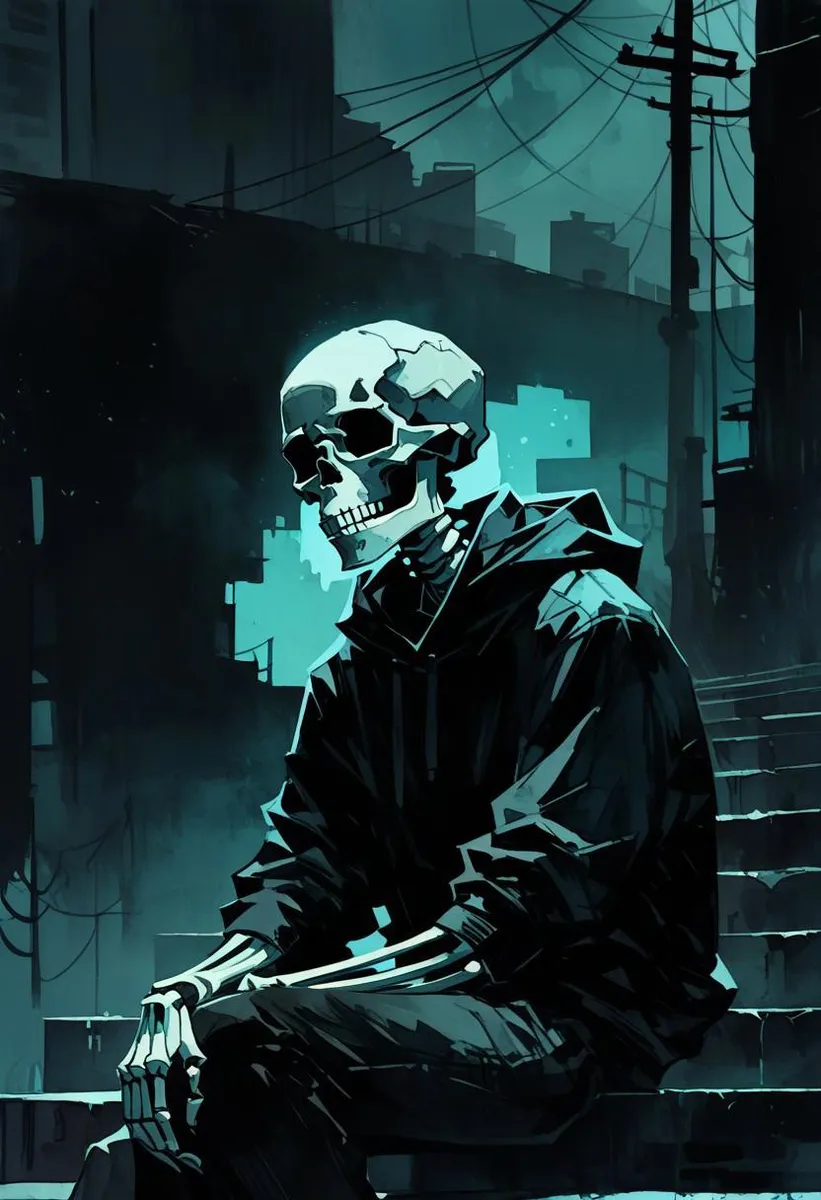 Watercolor of a skeleton in a hooded jacket on stairs at night, red tape on face, holding a drink, under dim streetlight with cyberpunk noir mood.