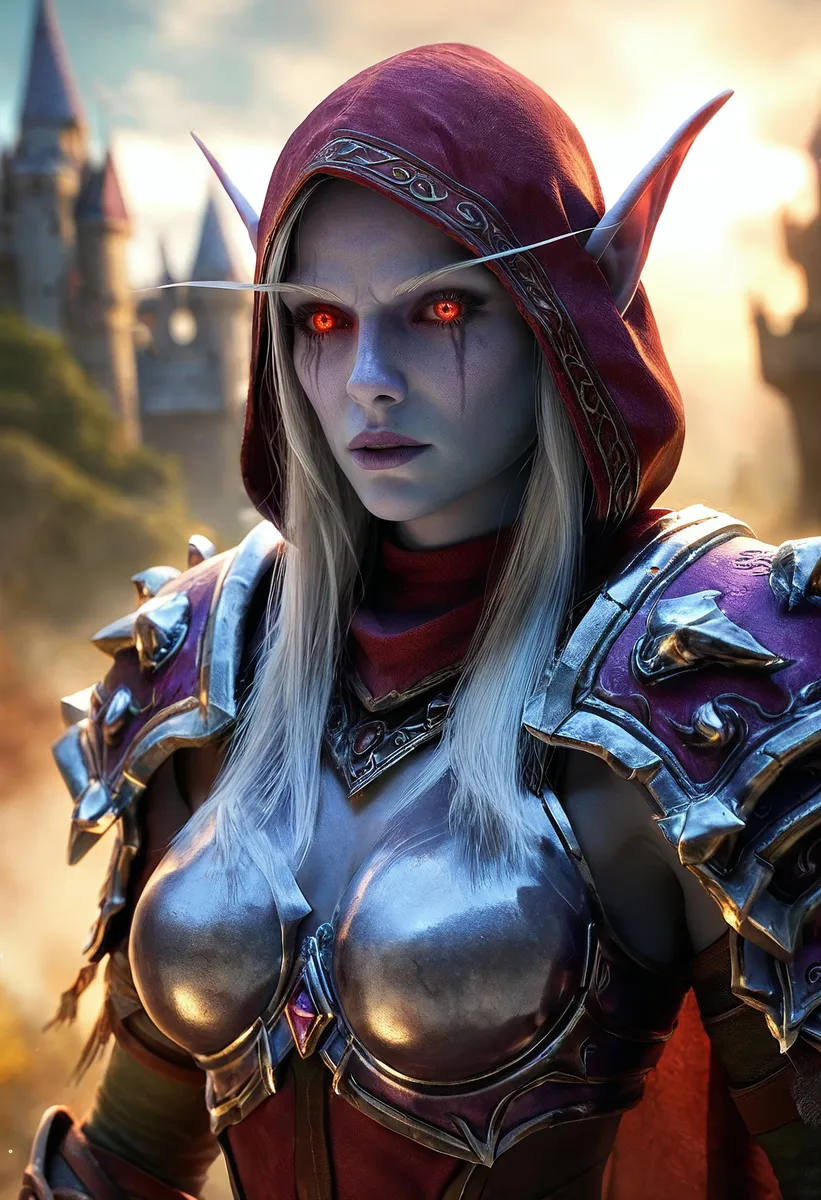 Elf warrior with pointy ears, red eyes, and armored attire in a castle battlefield setting.