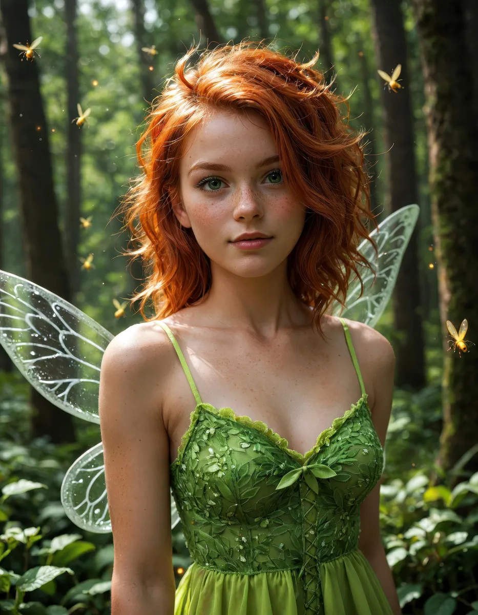 A fairy with ginger hair and green eyes stands in a forest surrounded by fireflies.