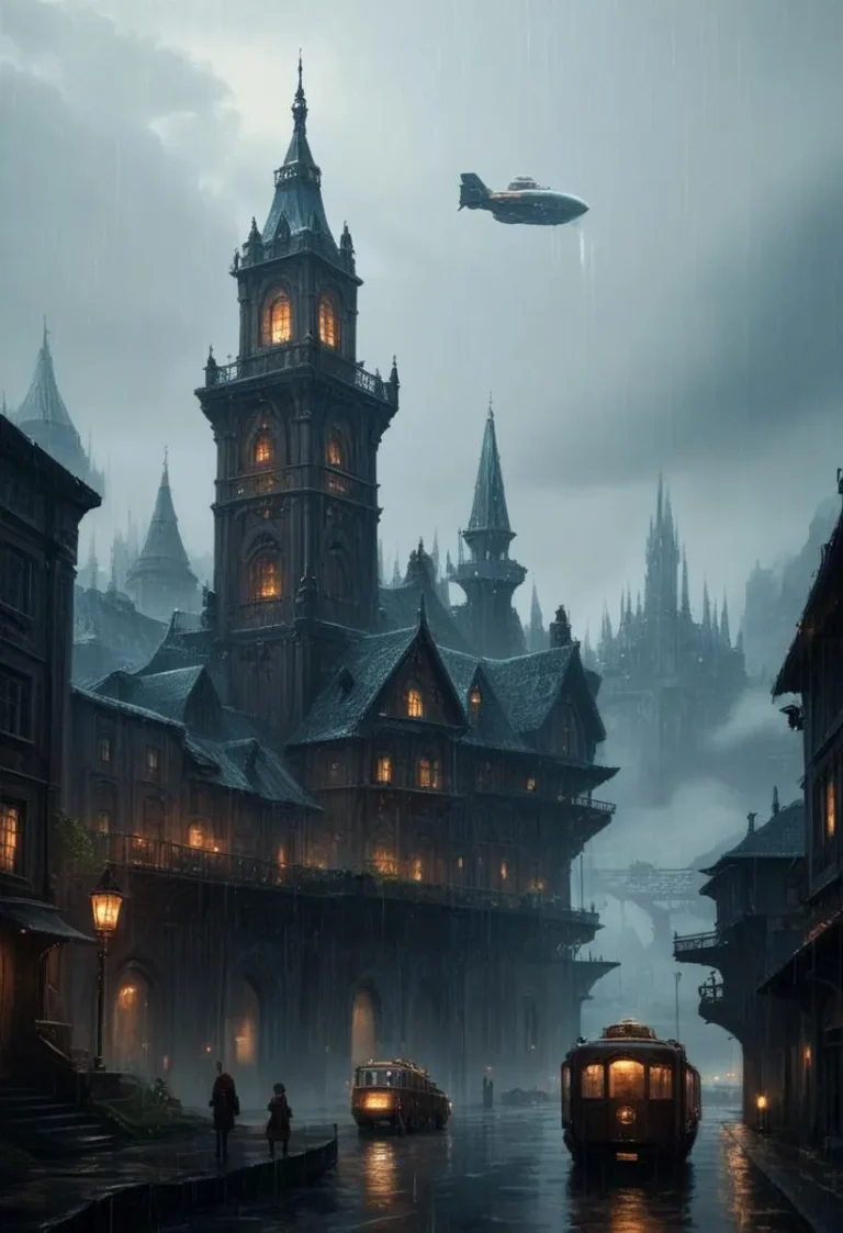 A dark, moody city within a cave, featuring sleek glass buildings and a steampunk airship, set amidst elegant walkways and rainy digital art.