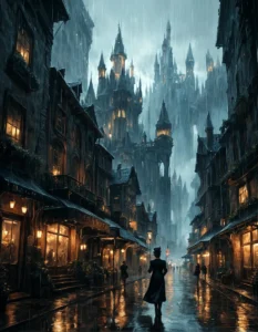 A fantasy city built within a vast cave with sleek glass buildings and elegant walkways, depicted in a dark and moody style with raining atmosphere.