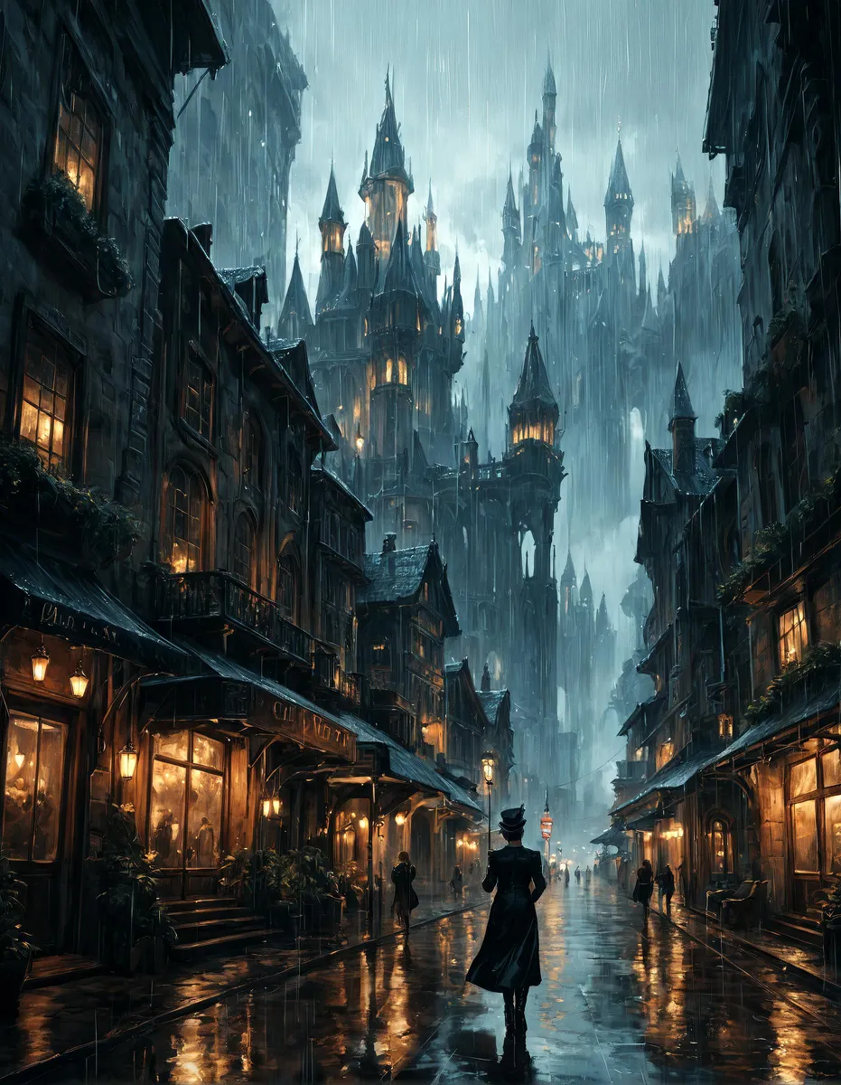 A fantasy city built within a vast cave with sleek glass buildings and elegant walkways, depicted in a dark and moody style with raining atmosphere.