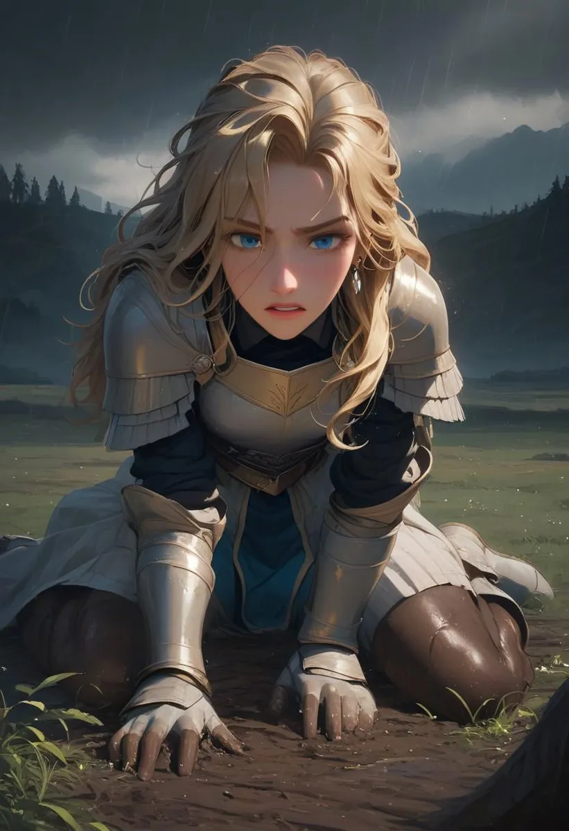 A blonde female knight kneels in armor, rain falling, surrounded by fallen soldiers, emotions of pain and sorrow evident.