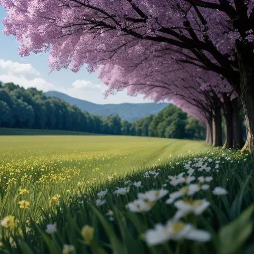 野花が咲く青々とした緑の野原の上にピンクの花が咲いた木の列を特徴とする風景。