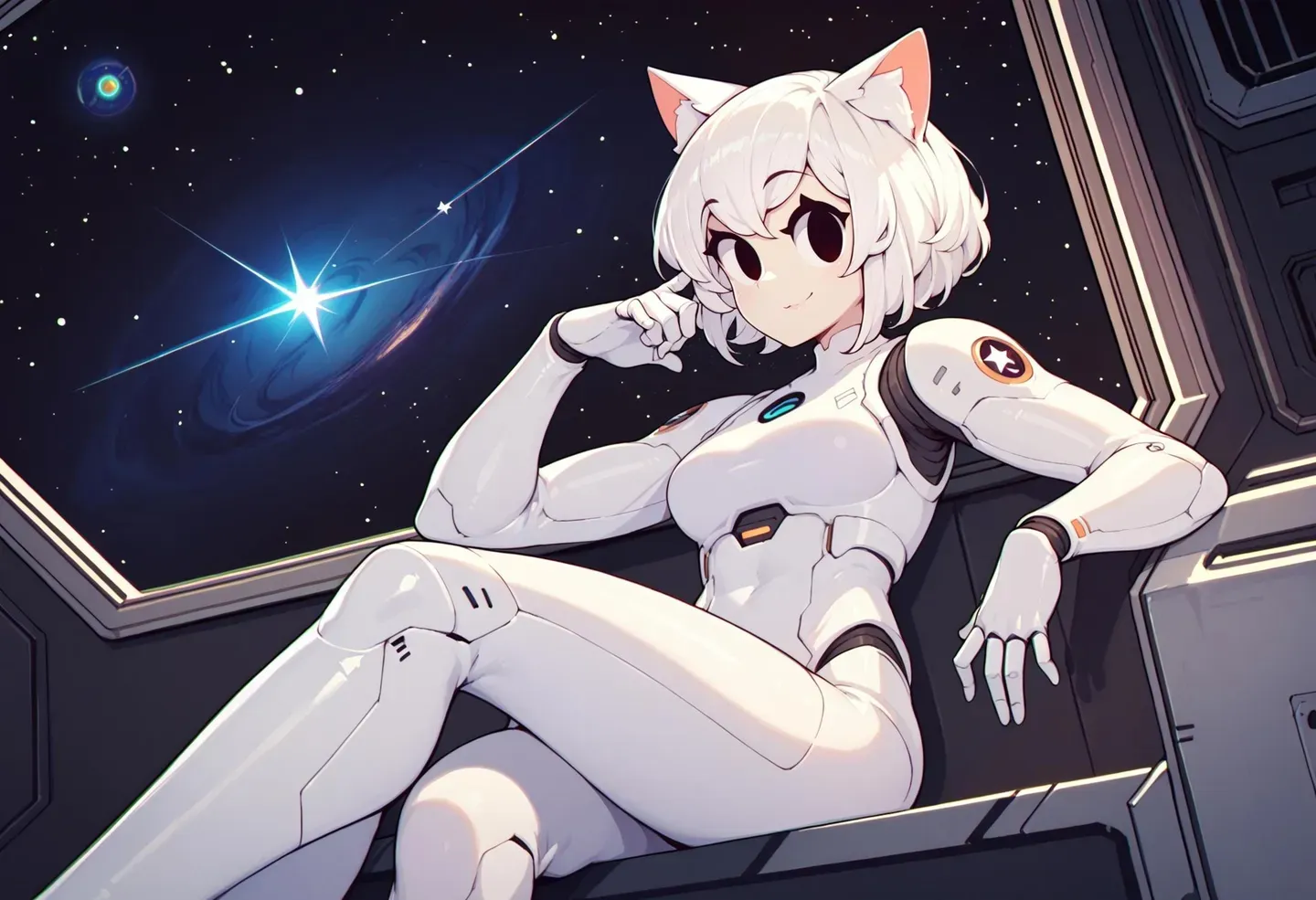 猫耳を持つアンドロイドの女の子が宇宙ステーションに座り、宇宙服を着て星空を背景にしています。