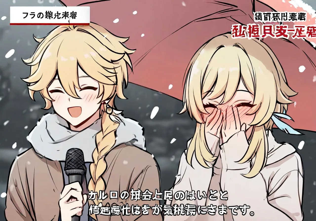 Lumine and Aether from Genshin Impact in a snowy setting, with Aether holding a microphone and Lumine blushing behind an umbrella.