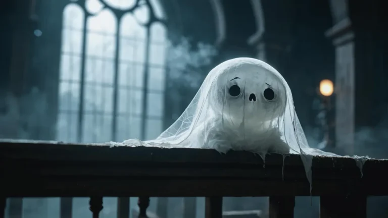 A lone fluffy ghost creature with pale, transparent skin rests in a gloomy, cobweb-filled mansion.