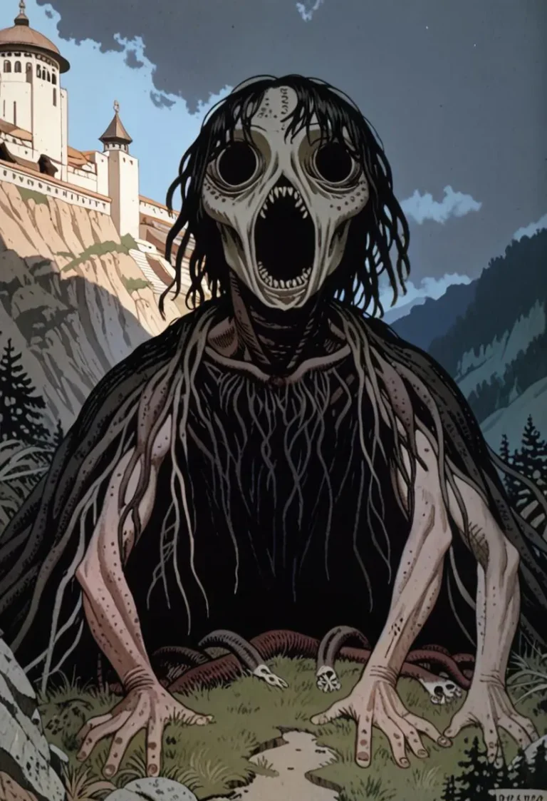 Giant monster with featureless face in a medieval village setting, in art nouveau style.