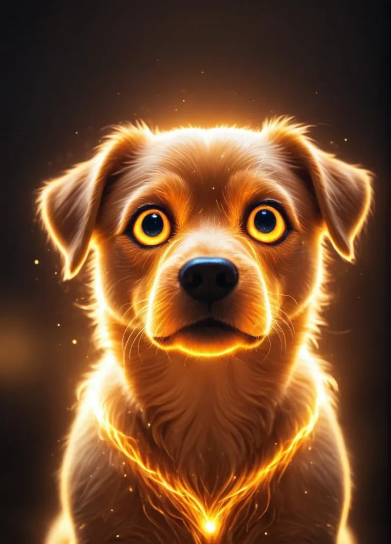 Cinematic photo of a glowing dog with robotic, digital eyes and vibrant, detailed textures.